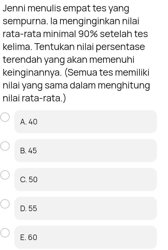 Jenni menulis empat tes yang
sempurna. la menginginkan nilai
rata-rata minimal 90% setelah tes
kelima. Tentukan nilai persentase
terendah yang akan memenuhi
keinginannya. (Semua tes memiliki
nilai yang sama dalam menghitung
nilai rata-rata.)
A. 40
B. 45
C. 50
D. 55
E. 60