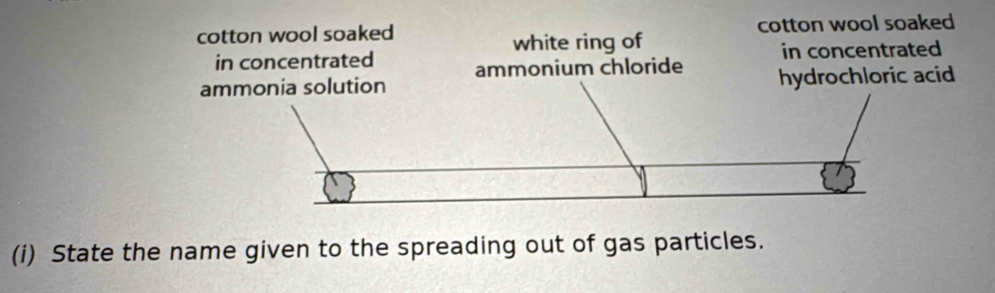 cotton wool soaked cotton wool soaked
white ring of
in concentrated in concentrated
ammonia solution ammonium chloride hydrochloric acid
(i) State the name given to the spreading out of gas particles.