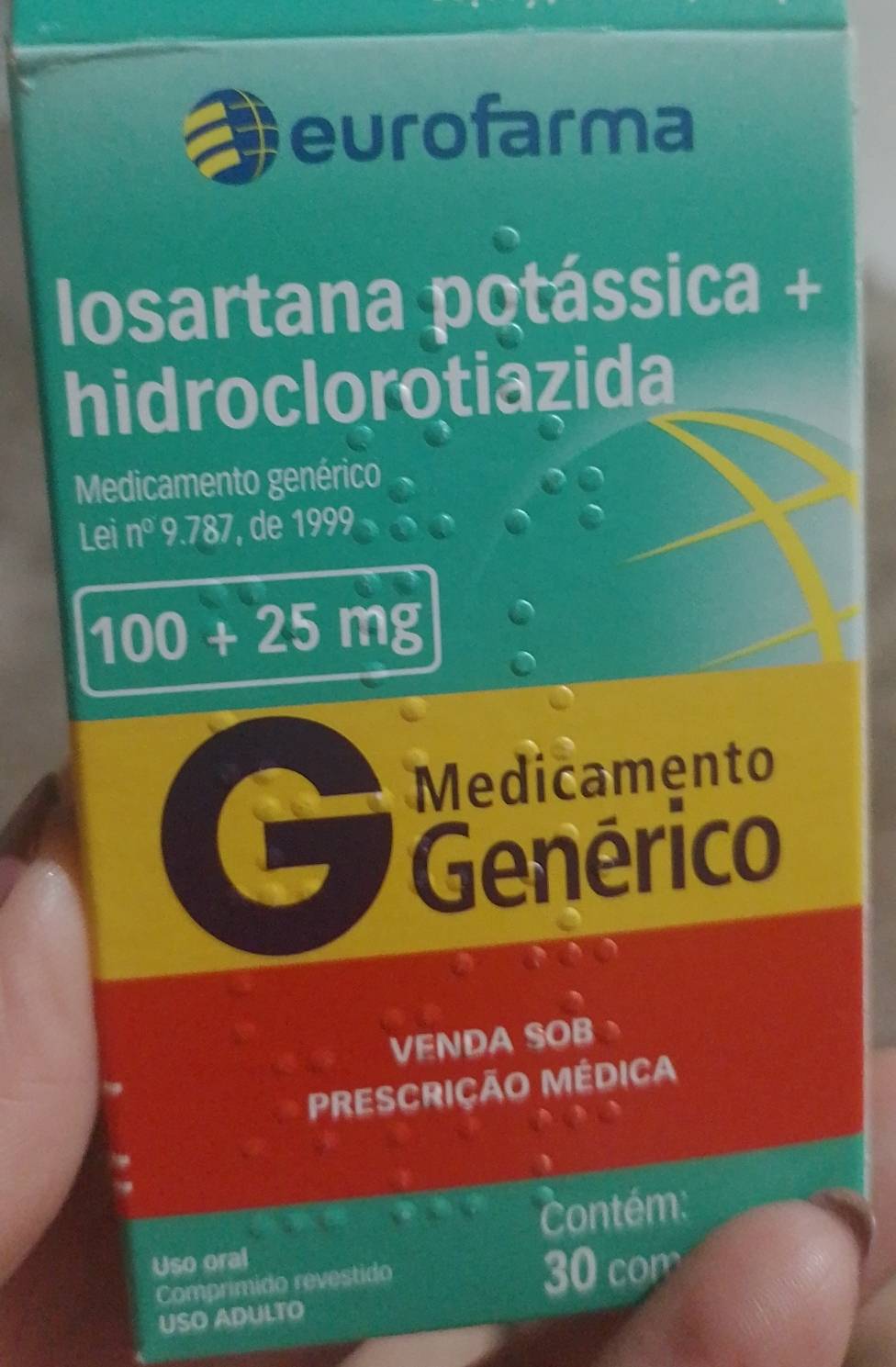 eurofarma 
losartana potássica + 
hidroclorotiazida 
Medicamento genérico 
Lei n^09.787 , de 1999
100+25mg
C 
Medicamento 
Genérico 
VENDA SOB 
Prescrição Médica 
Contém: 
Uso oral 
Comprimido revestido 30 com 
USO ADULTO