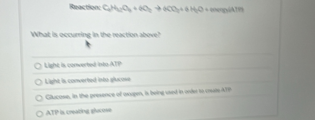 Reaction: C_5H_3O_7+6O_2to 6CO_2+6H_2O+enenciAT(9)
What is occurring in the reaction above?
Light is converted into ATP
Light is converted into glucose
Glucose, in the presence of oxygen, is being used in order to create ATP
ATP is creating glucose