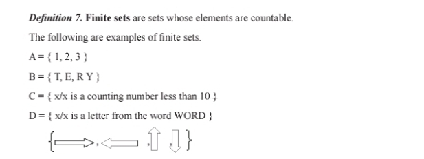 Definition 7. Finite sets are sets whose elements are countable. 
The following are examples of finite sets.
A= 1,2,3
B= T,E,RY
C= x/x is a counting number less than 10
D= x/x is a letter from the word WORD
 to , □ ,□ 