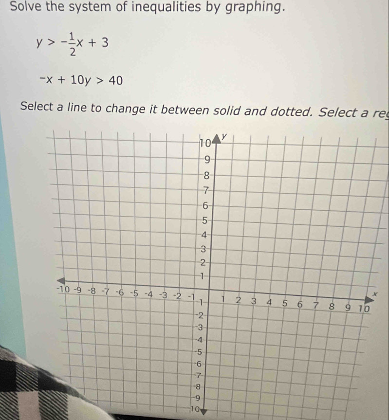 Solve the system of inequalities by graphing.
y>- 1/2 x+3
-x+10y>40
Select a line to change it between solid and dotted. Select a reg
10