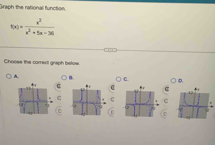 Graph the rational function.
f(x)= x^2/x^2+5x-36 
Choose the correct graph below. 
A. 
B. 
C. 
D. 
CCC 
C 

C