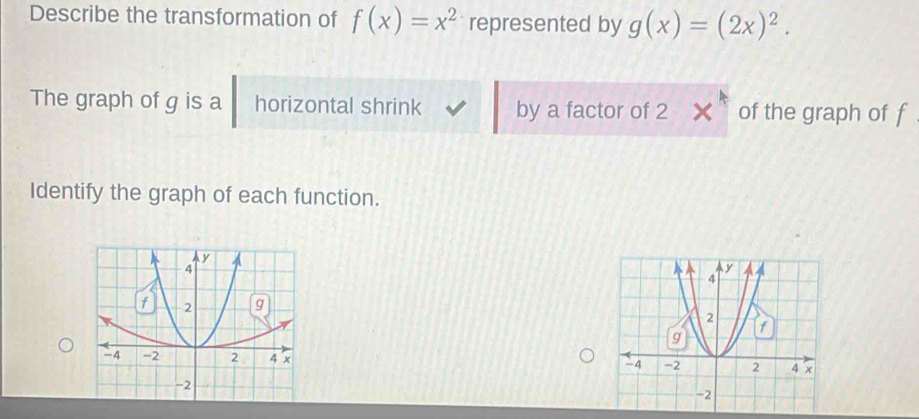 Describe the transformation of f(x)=x^2 represented by g(x)=(2x)^2. 
The graph of g is a horizontal shrink by a factor of 2 x^4 of the graph of f
Identify the graph of each function.