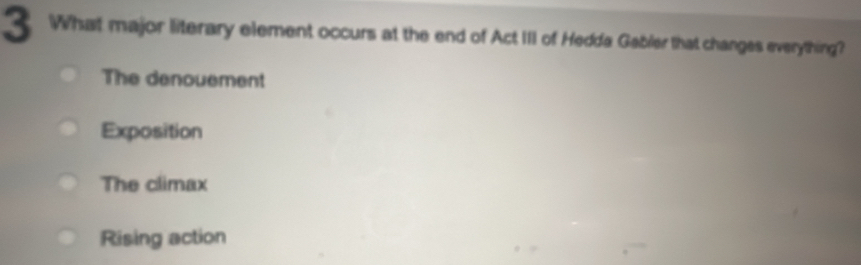 What major literary element occurs at the end of Act III of Hedda Gabler that changes everything?
The denouement
Exposition
The climax
Rising action