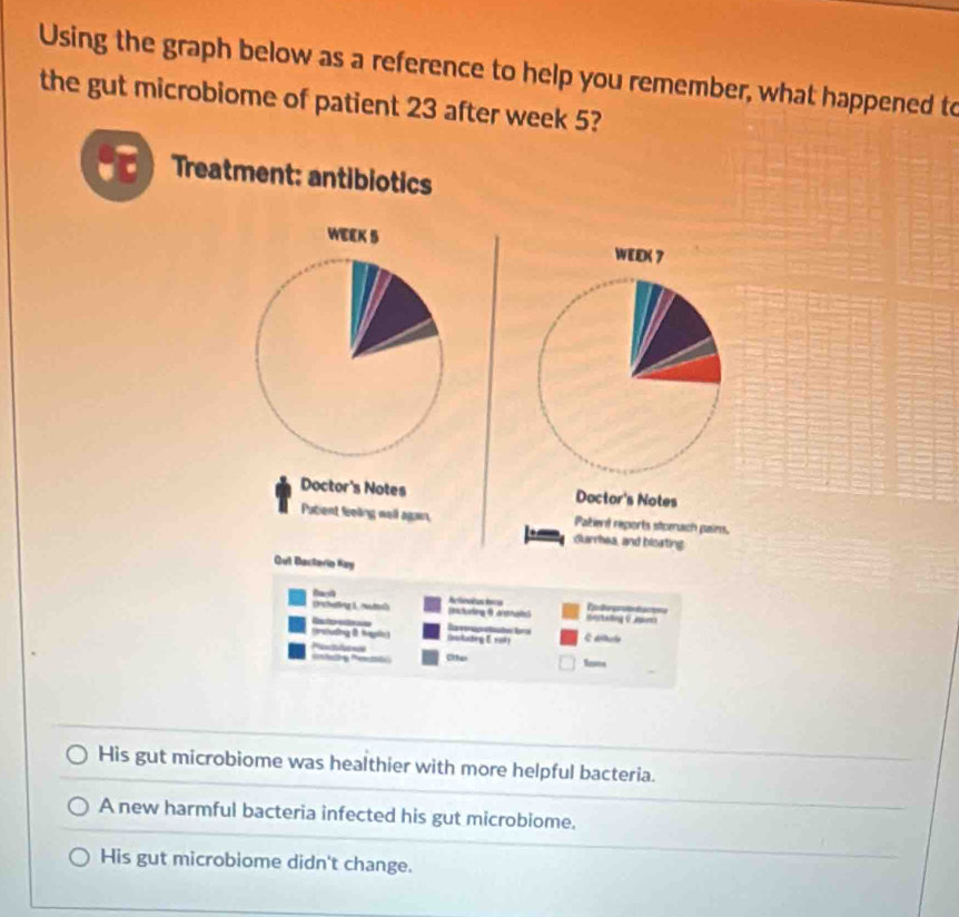 Using the graph below as a reference to help you remember, what happened to
the gut microbiome of patient 23 after week 5?
Treatment: antibiotics
WEEK 5 WEEK 7
Doctor's Notes Doctor's Notes
Patient foling well again, Patierd reports siperch pains.
durrhea, and bloating
Out Bacterin Kay
Baci
(P chling ], ted) Dhuling 8dthales Retínstas Reca Bertaling 0 Jsion Rde praenactey
(trưlung 0 tyin) Rsteatees (vakudrg E. 188) ξ Albule

_
His gut microbiome was healthier with more helpful bacteria.
A new harmful bacteria infected his gut microbiome.
His gut microbiome didn't change.