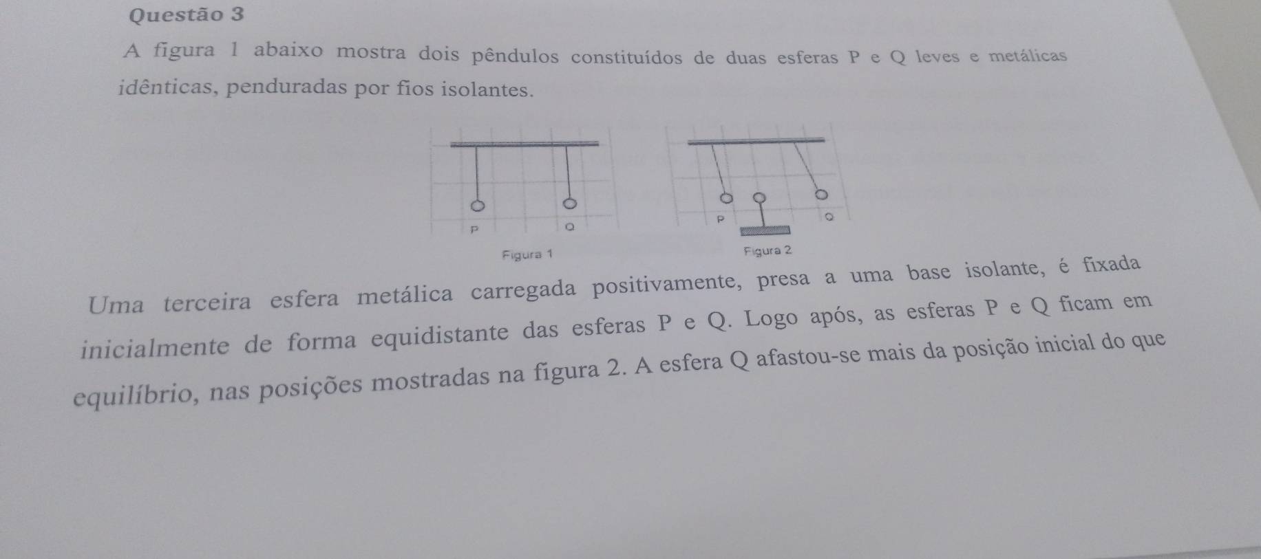 A figura 1 abaixo mostra dois pêndulos constituídos de duas esferas P e Q leves e metálicas 
idênticas, penduradas por fios isolantes. 
Figura 1 Figura 2 
Uma terceira esfera metálica carregada positivamente, presa a uma base isolante, é fixada 
inicialmente de forma equidistante das esferas P e Q. Logo após, as esferas P e Q ficam em 
equilíbrio, nas posições mostradas na figura 2. A esfera Q afastou-se mais da posição inicial do que