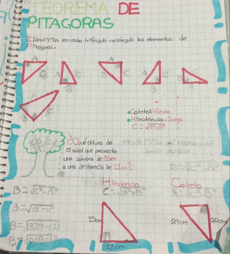 DE 
PITAGORAS 
[Pdent? p ca en cada tuiángulo rechango bos elementos de 
Pplagoras 
A 
C A C B 
B 
Cotetos=Besto 
Hppotenusa= Sura
C=sqrt(A^2+B^2)
cQvealtura do 2 ave yn? kesberd sherlt 
el arbol gue prosecto belad puteer 
una sorabra delBen 
a cha destanc?a de 1 Im? B=sqrt(C^2-A^2)
Hieateruso Cateto
B=sqrt(c^2-A^2)
C=sqrt(A^2+B^2) A=sqrt(C^2-B^2)
B=sqrt(18-11^2)
B=sqrt(324-121)
13=sqrt(203-12)