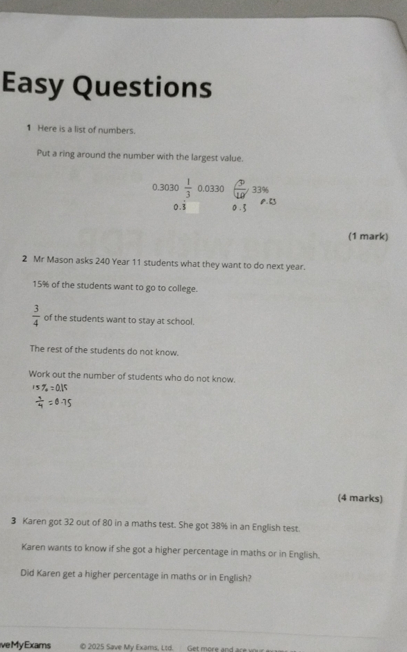 Easy Questions 
1 Here is a list of numbers. 
Put a ring around the number with the largest value.
0.3030  1/3  0.0330  39/10 ,33%
0.3 0.3 0. 
(1 mark) 
2 Mr Mason asks 240 Year 11 students what they want to do next year.
15% of the students want to go to college.
 3/4  of the students want to stay at school. 
The rest of the students do not know. 
Work out the number of students who do not know. 
(4 marks) 
3 Karen got 32 out of 80 in a maths test. She got 38% in an English test. 
Karen wants to know if she got a higher percentage in maths or in English. 
Did Karen get a higher percentage in maths or in English? 
veMyExams © 2025 Save My Exams, Ltd. Get more and ace