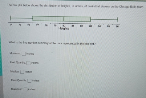 The box plot below shows the distribution of heights, in inches, of basketball players on the Chicago Bulls team. 
What is the five number summary of the data represented in the box plot? 
Minimum □ inches
First Quartile: □ inches
Median □ inches
Third Quartile: □ in ches 
Maximum: □ inches