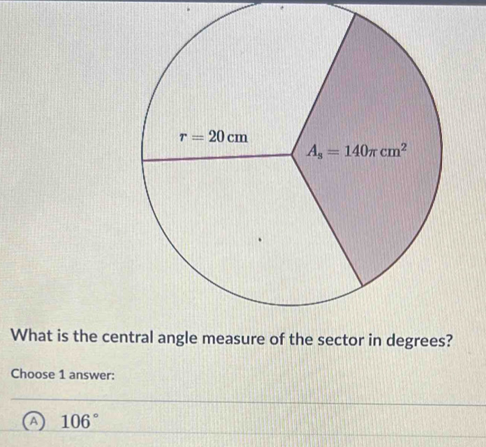 What is the cene sector in degrees?
Choose 1 answer:
A 106°