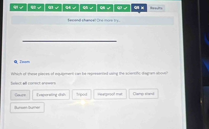 Results
Second chance! One more try...
Zoom
Which of these pieces of equipment can be represented using the scientific diagram above?
Select all correct answers
Gauze Evaporating dish Tripod Heatproof mat Clamp stand
Bunsen burner