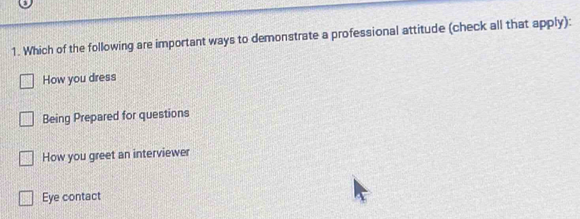 Which of the following are important ways to demonstrate a professional attitude (check all that apply):
How you dress
Being Prepared for questions
How you greet an interviewer
Eye contact