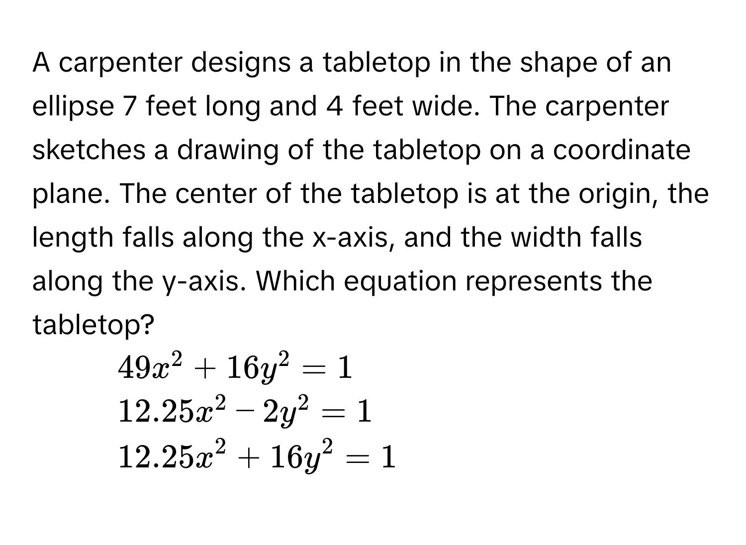 Solved: A carpenter designs a tabletop in the shape of an ellipse 7 ...