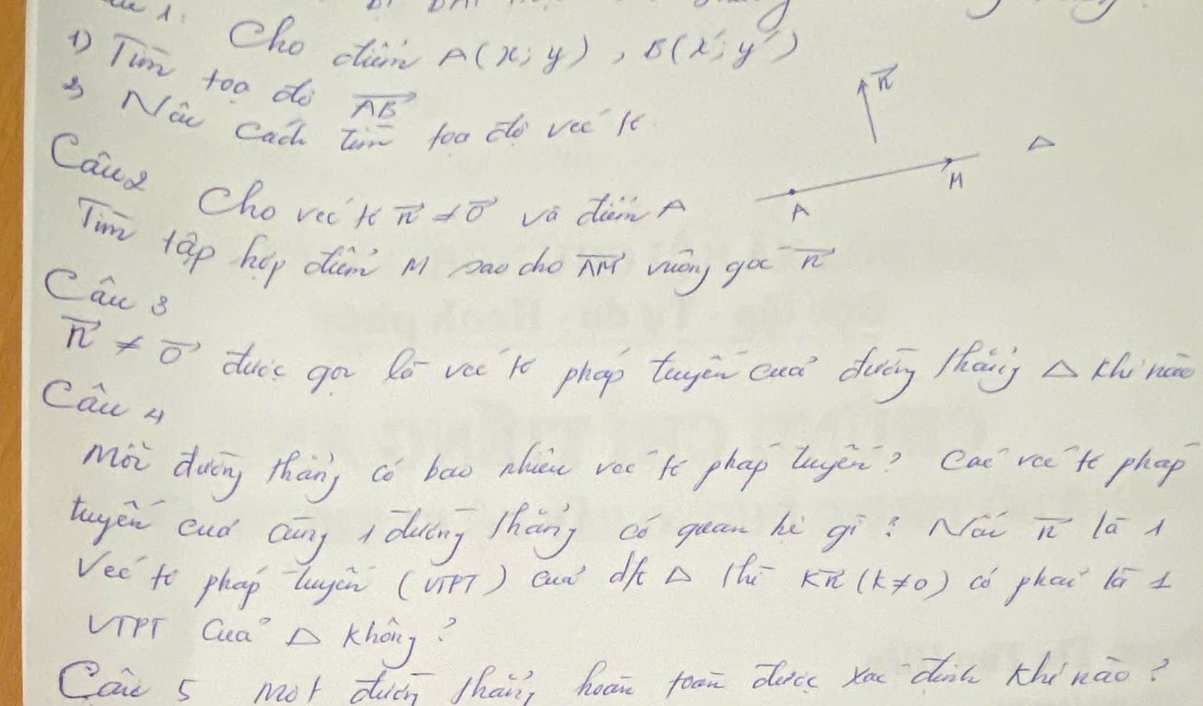 A: Cho cam
A(x;y), B(x;y) n 
1 Tim too de vector AB
3 Na Cac 
too do veclc 
n 
Caus Chovec' to vector n!= vector o va danA 
A 
Tim tap hep dian M sao cho vector AM wany goo
· vector n
C a s
vector n!= vector 0
ducs go Do vec te phop tayen ead dvāng Mang △ kh 1/2cm
cau 4 
Moi duing thang có bao nlieu vee'te phap lugòn? Cat ree te phap 
tuyēn eud Qāng duling hāng có guan hè gì? Nāi overline 12 la A 
Ved to phap Luyin ( vi) cun dfè A thí kvector n(k!= 0) có phai lá i 
UIPT Ga' D Khog? 
Cai 5 Mot ducn Than, hoae foon decc xou din thi nào?