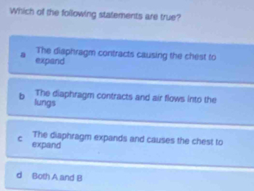 Which off the following statements are true?
The diaphragm contracts causing the chest to
a expand
The diaphragm contracts and air flows into the
b lungs
The diaphragm expands and causes the chest to
C expand
d Both A and B