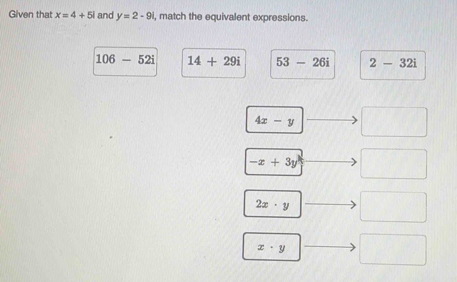 Given that x=4+5i and y=2-9i , match the equivalent expressions.
106-52i 14+29i 53-26i 2-32i
4x-y
-x+3y
2x· y
x· y