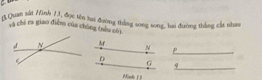 Quan sát Hình 13, đọc tên hai đường thắng song song, hai đường thắng cất nhau 
và chỉ ra giao điểm của chúng (nếu có).
M
N
D
G q
Hình 13