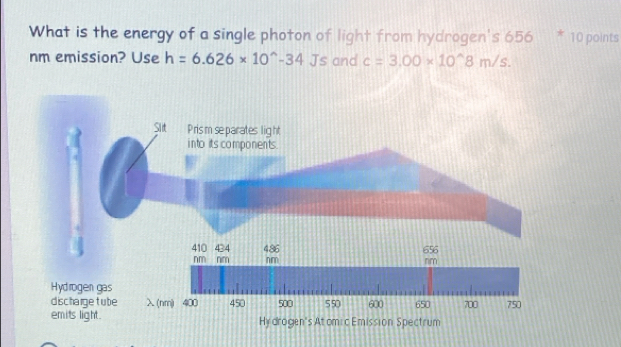 What is the energy of a single photon of light from hydrogen's 656 * 10 points 
nm emission? Use h=6.626* 10^(wedge)-34 Js and c=3.00* 10^(wedge)8m/s.