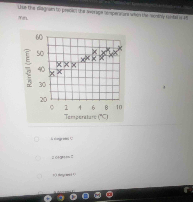 1e-a7740 on7t2<
Use the diagram to predict the average temperature when the monthly rainfall is 45
mm.
 4 degrees C
2 degrees C
10 degrees C
6 dearees C