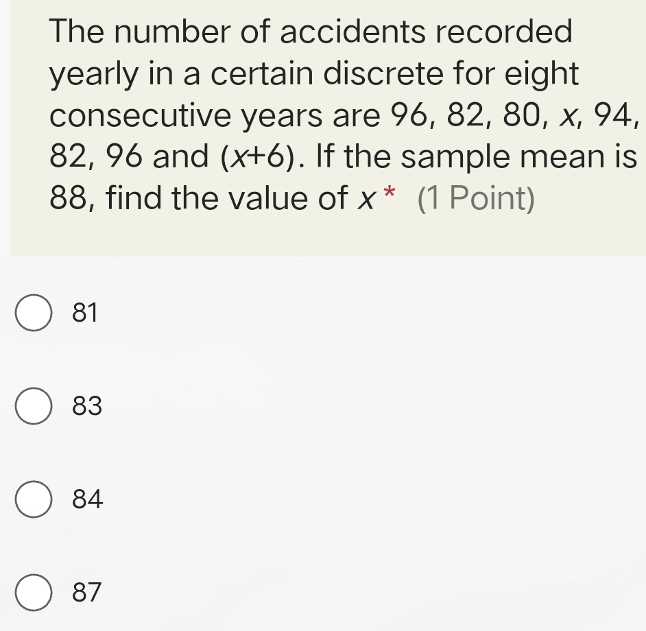 The number of accidents recorded
yearly in a certain discrete for eight
consecutive years are 96, 82, 80, x, 94,
82, 96 and (x+6). If the sample mean is
88, find the value of x * (1 Point)
81
83
84
87