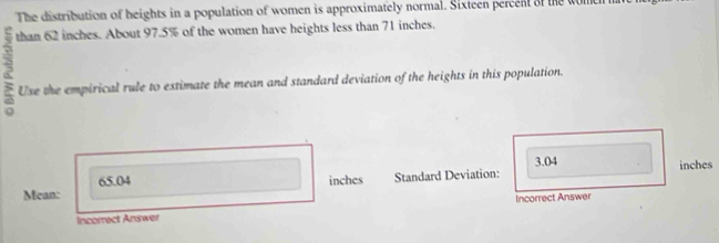 The distribution of heights in a population of women is approximately normal. Sixteen percent of the womch 
than 62 inches. About 97.5% of the women have heights less than 71 inches. 
a Use the empirical rule to estimate the mean and standard deviation of the heights in this population.
3.04 inches
65.04 inches
Mean: Standard Deviation: 
Incorrect Answer Incorrect Answer