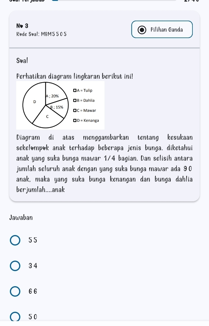 Nv 3
Pilihan Ganda
Kode Soal: MBM5505
Soal
Perhatikan diagram lingkaran berikut ini!
□ A=Tulip
A;20%
D
□ B=Dahlia
B;15%
□ C= 2 W ar
C
□ D= Kenanga
Diagram di atas menggambarkan tentang kesukaan
sekelompok anak terhadap beberapa jenis bunga. diketahui
anak yang suka bunga mawar 1/4 bagian. Dan selisih antara
jumlah seluruh anak dengan yang suka bunga mawar ada 90
anak, maka yang suka bunga kenangan dan bunga dahlia
berjumlah....anak
Jawaban
55
3 4
6 6
50