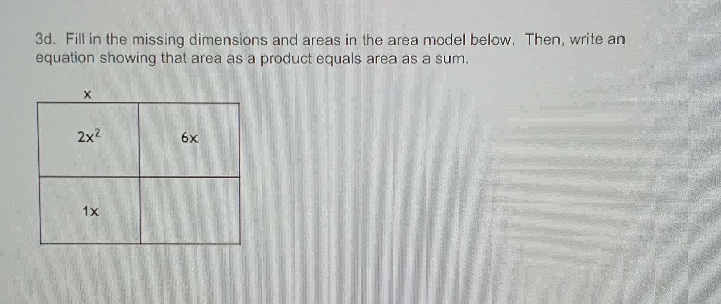 Fill in the missing dimensions and areas in the area model below. Then, write an
equation showing that area as a product equals area as a sum.