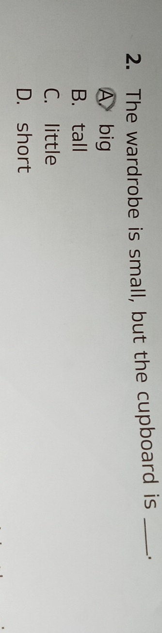 The wardrobe is small, but the cupboard is_
A big
B. tall
C. little
D. short