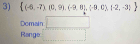  (-6,-7),(0,9),(-9,8),(-9,0),(-2,-3)
Domain: 
^circ  
Range: