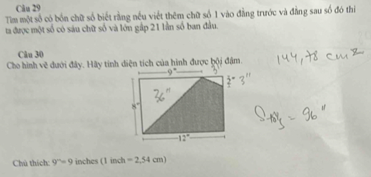 Tim một số có bốn chữ số biết rằng nều viết thêm chữ số 1 vào đẳng trước và đằng sau số đó thi
ta được một số có sáu chữ số và lớn gấp 21 lần số ban đầu.
Câu 30
Cho hình vẽ dưới đây. Hãy tính diện tích của hình được bội đậm.
Chú thích: 9^n=9 inches (1 inch =2,54cm)