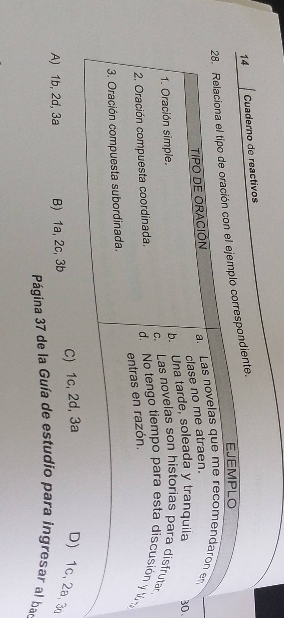 aderno de reactivos
0.
A) 1b, 2d, 3a
B) 1a, 2c, 3b C) 1c, 2d, 3a D) 1c, 2a, 3d
Página 37 de la Guía de estudio para ingresar al bad