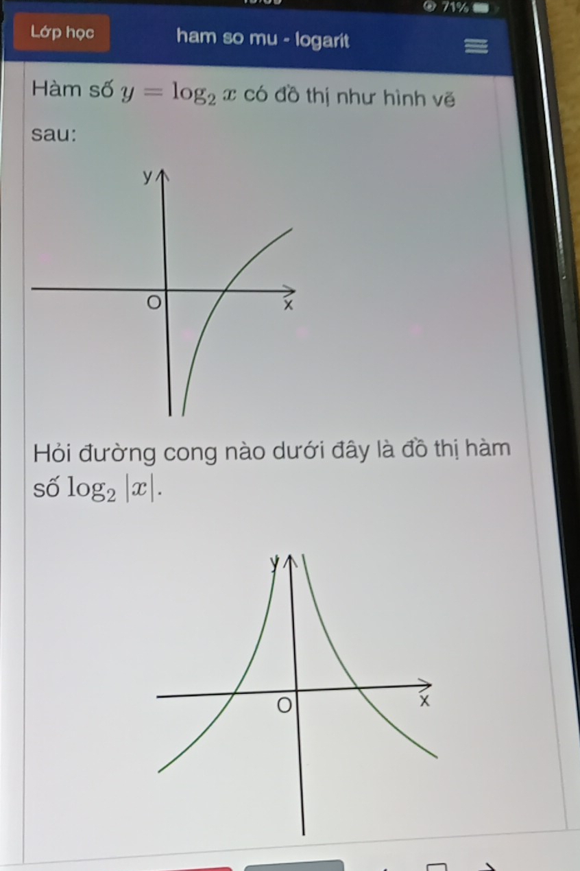 71% 
Lớp học ham so mu - logarit 
Hàm số y=log _2x có đồ thị như hình vẽ 
sau: 
Hỏi đường cong nào dưới đây là đồ thị hàm 
số log _2|x|.