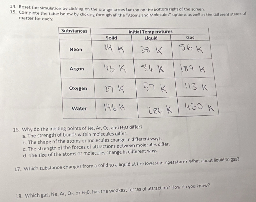 Reset the simulation by clicking on the orange arrow button on the bottom right of the screen.
15. Complete the table below by clicking through all the “Atoms and Molecules” options as well as the different states of
matter for each:
16. Why do the melting points of Ne, Ar, O_2 , and H_2O differ?
a. The strength of bonds within molecules differ.
b. The shape of the atoms or molecules change in different ways.
c. The strength of the forces of attractions between molecules differ.
d. The size of the atoms or molecules change in different ways.
17. Which substance changes from a solid to a liquid at the lowest temperature? What about liquid to gas?
18. Which gas, Ne, Ar, O_2 , or H_2O , has the weakest forces of attraction? How do you know?