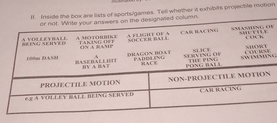 Illustrated 
II. Inside the box are lists of sports/games. Tell whether it exhibits projectile motion 
lumn.
F
G