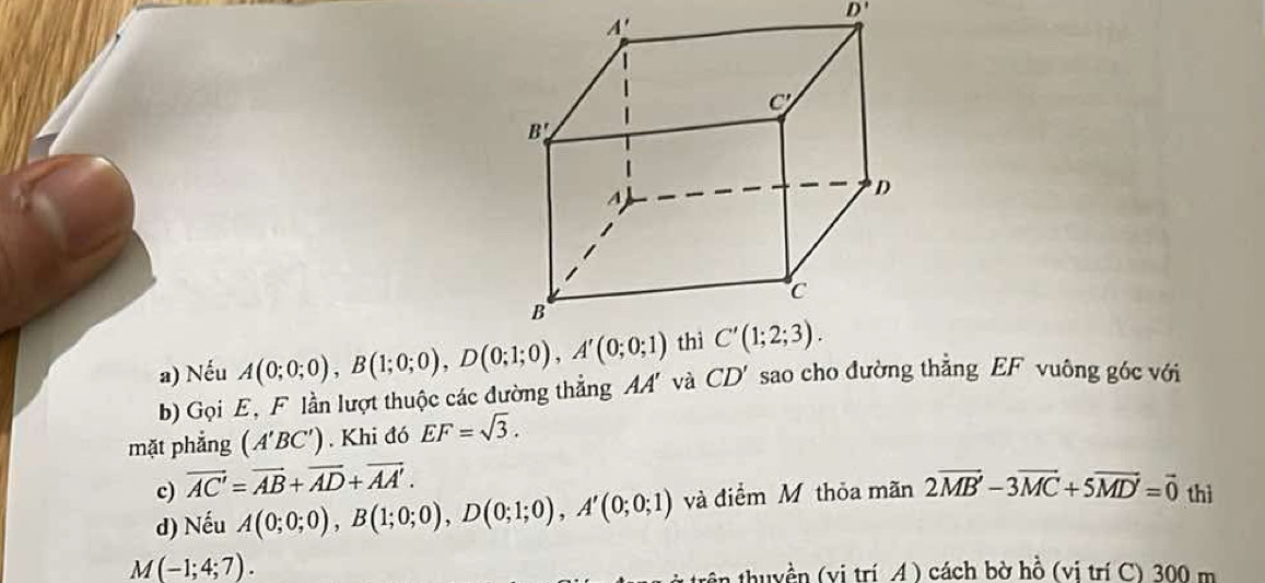 D'
a) Nếu A(0;0;0),B(1;0;0),D(0;1;0),A'(0;0;1)
b) Gọi E, F lần lượt thuộc các đường thẳng AA' và CD' sao cho đường thắng EF vuông góc với
mặt phẳng (A'BC'). Khi đó EF=sqrt(3).
c) vector AC'=vector AB+vector AD+vector AA'.
d) Nếu A(0;0;0),B(1;0;0),D(0;1;0),A'(0;0;1) và điểm M thỏa mãn 2vector MB-3vector MC+5vector MD'=vector 0 thì
M(-1;4;7).
trên thuyền (vị trí A ) cách bờ hồ (vị trí C) 300 m