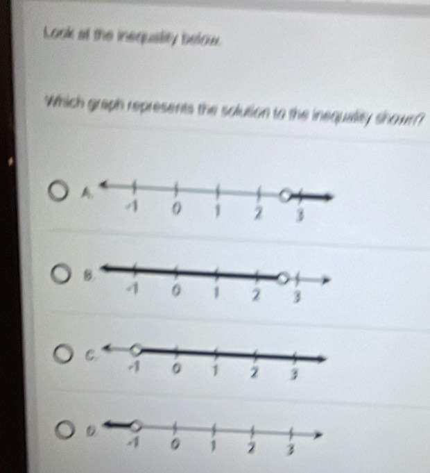 Look at the inequislity below. 
Which graph represents the solution to the inequalty shown?