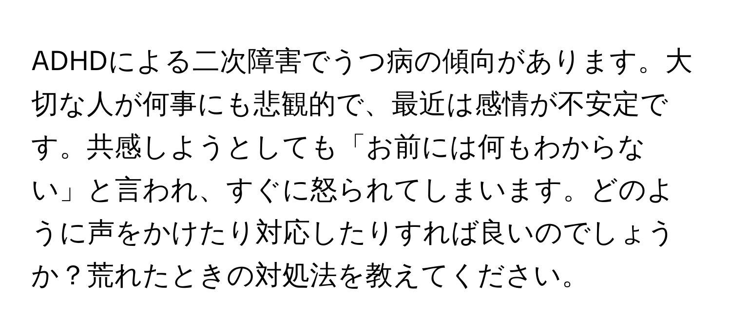 ADHDによる二次障害でうつ病の傾向があります。大切な人が何事にも悲観的で、最近は感情が不安定です。共感しようとしても「お前には何もわからない」と言われ、すぐに怒られてしまいます。どのように声をかけたり対応したりすれば良いのでしょうか？荒れたときの対処法を教えてください。