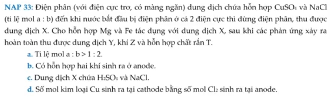 NAP 33: Điện phân (với điện cực trợ, có màng ngăn) dung dịch chứa hỗn hợp CuSO₄ và NaCl
(ti lệ mol a : b) đến khi nước bắt đầu bị điện phân ở cả 2 điện cực thì dừng điện phân, thu được
dung dịch X. Cho hỗn hợp Mg và Fe tác dụng với dung dịch X, sau khi các phản ứng xảy ra
hoàn toàn thu được dung dịch Y, khí Z và hỗn hợp chất rắn T.
a. Ti lệ mol a : b>1:2. 
b. Có hỗn hợp hai khí sinh ra ở anode.
c. Dung dịch X chứa H_2SO và NaCl.
d. Số mol kim loại Cu sinh ra tại cathode bằng số mol Cl₂ sinh ra tại anode.