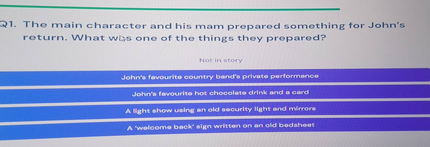 The main character and his mam prepared something for John’s
return. What was one of the things they prepared?
Not in story
John's favourite country band's private performance
John's favourite hot chocolate drink and a card
A light show using an old security light and mirrors
A ‘welcome back’ sign written on an old bedsheet