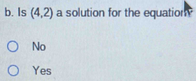 Is (4,2) a solution for the equation?
No
Yes