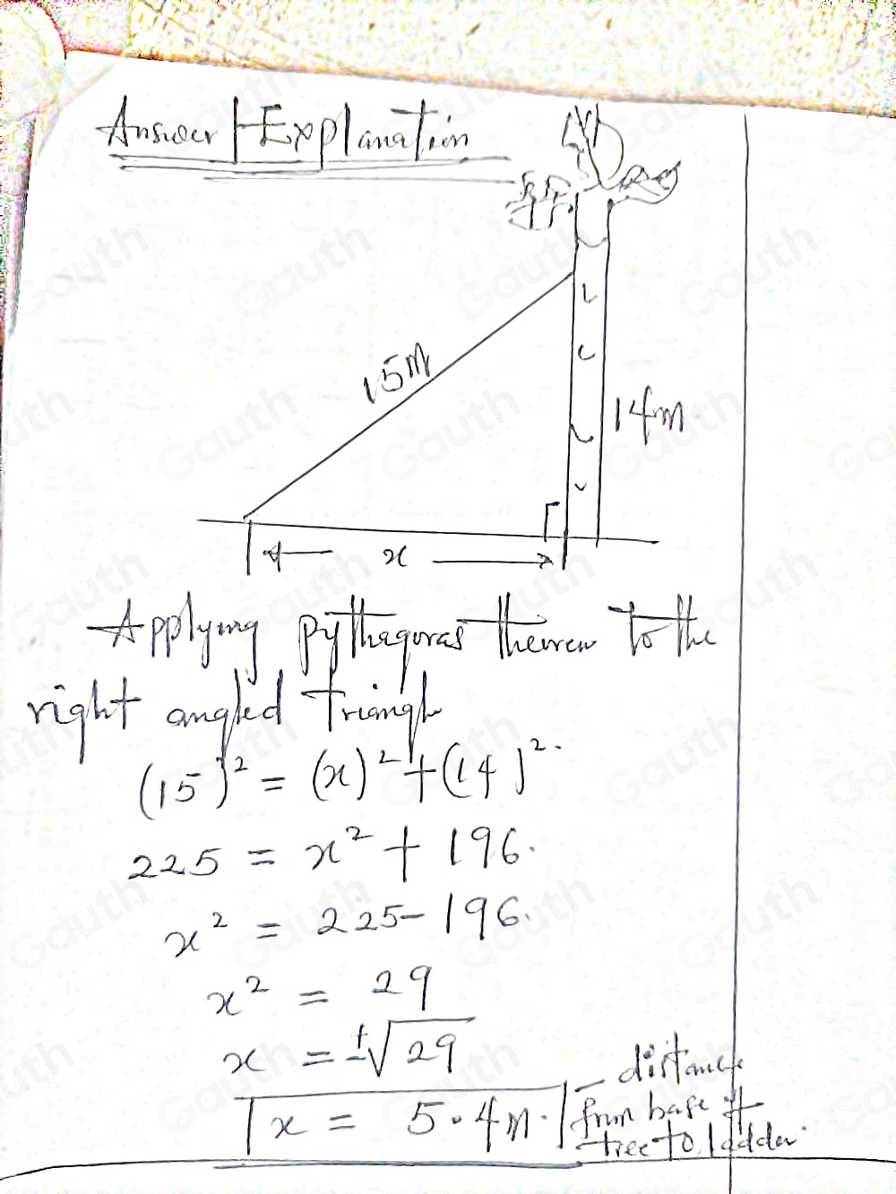 Solved: A 15 m long ladder is placed against a tree. The top of the ...