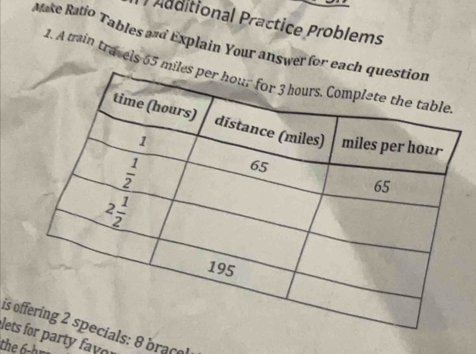 ) Additional Practice Problems
Make Ratio Tables and Explain Your answer for ea
1. A tain travels 65 mi
is s: 8 brace
letrty  favor
the 6-hre