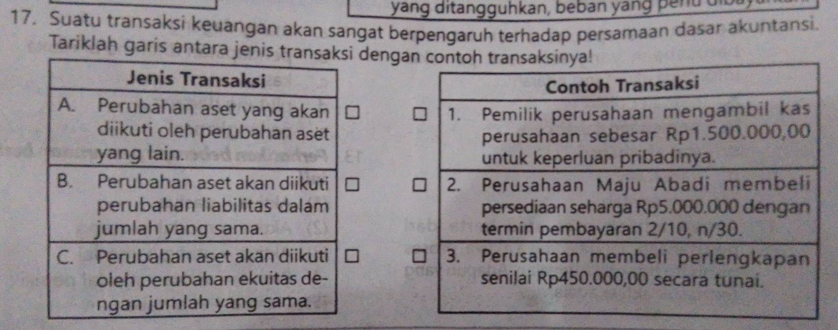 yang ditangguhkan, beban yang benu điu 
17. Suatu transaksi keuangan akan sangat berpengaruh terhadap persamaan dasar akuntansi. 
Tariklah garis andenga