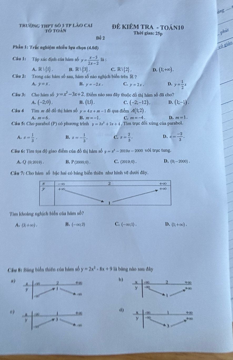 áng 
_
trường thPt số 3 tp lào cai  Đẻ KIÉM TRA - Toán10
_
Tổ toán Thời gian: 25p - phút
Để 2
Phần 1: Trấc nghiệm nhiều lựa chọn (4.0d)
cô giáo.
Câu 1:  Tập xác định của hàm số y= (x-3)/2x-2  là :
A. Rvee  1 , B. R| 3 , C. R| 2 , D. (1;+∈fty ).
Câu 2: Trong các hàm số sau, hàm số nào nghịch biến trên R ?
A. y=x, B. y=-2x, C. y=2x, D. y= 1/2 x
Câu 3: Cho hàm số y=x^3-3x+2 - Điểm nào sau đây thuộc đồ thị hàm số đã cho?
A. (-2;0), B. (1;1), C. (-2;-12). D. (1;-1).
Câu 4 Tìm m đề đồ thị hàm số y=4x+m-1 đi qua điểm A(1;2).
A. m=6, B. m=-1, C. m=-4. D. m=1.
Câu 5: Cho parabol (P) có phương trình y=3x^2+2x+4 , Tìm trục đối xứng của parabol.
D.
A. z= 1/3 , B. x=- 1/3 , C. x= 2/3 , x= (-2)/3 .
Câu 6: Tìm tọa độ giao điểm của đồ thị hàm số y=x^2-2019x-2000 với trục tung.
A. Q(0;2019). B. P(2000;0). C. (2019;0). D, (0;-2000).
Câu 7: Cho hàm số bậc hai có bảng biến thiên như hình vẽ dưới đây.
Tim khoảng nghịch biến của hàm số?
A. (2,+∈fty ), B. (-∈fty ,2) C. (-∈fty ;1). D. (1;+∈fty ).
Câu 8: Bảng biến thiên của hàm số y=2x^2-8x+9 là bảng nào sau đây
b)
8) 4 2 +∞ x 100 2 +∞
y
y sqrt(60)
+∞
9
1
6)
d) N
1 +∞ 1 +∞
y 3
y -∞
c41.60 3