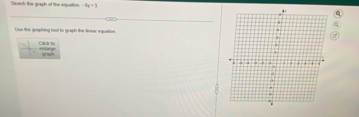 Sketch the graph of the equation -6y=3. 
Use the graphing tool to graph the linear equation 
Click to 
enlarge 
graph