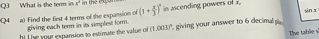 What is the term in x^4 in the expan. 
Q4 a) Find the first 4 terms of the expansion of (1+ x/3 )^9 in ascending powers of x, 
giving each term in its simplest form. sin x
h) Use your expansion to estimate the value of (1.003)^9 , giving your answer to 6 decimal pla 
The table s