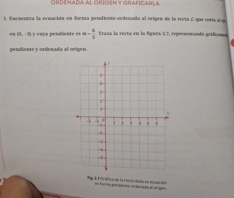 ORDENADA AL ORIGEN Y GRAFICARLA 
I. Encuentra la ecuación en forma pendiente-ordenada al origen de la recta £ que corta ale 
en (0,-3) y cuya pendiente es m- 6/5 . Traza la recta en la figura 2.7, representando gráficamen 
pendiente y ordenada al origen. 
Fig. 2.7 Gráfica de la recta dada su ecuación 
en forma pendiente-ordenada al origen.