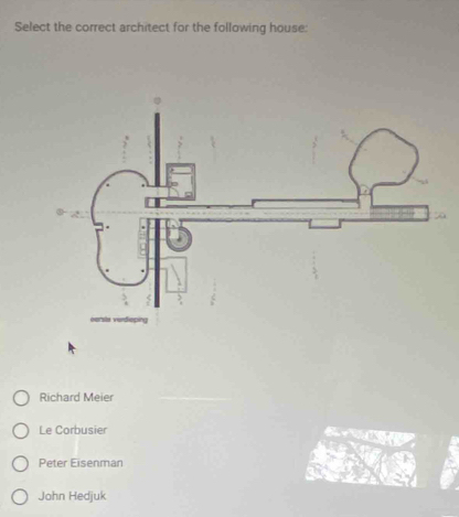 Select the correct architect for the following house:
Richard Meier
Le Corbusier
Peter Eisenman
John Hedjuk