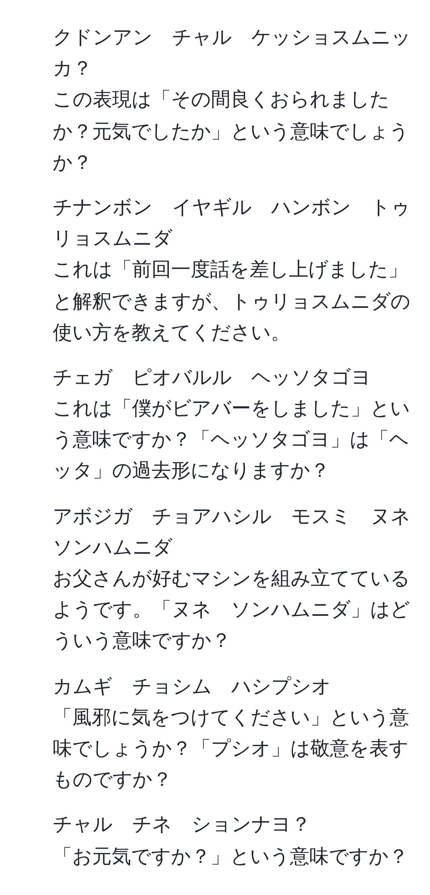 クドンアン　チャル　ケッショスムニッカ？  
この表現は「その間良くおられましたか？元気でしたか」という意味でしょうか？  

2. チナンボン　イヤギル　ハンボン　トゥリョスムニダ  
これは「前回一度話を差し上げました」と解釈できますが、トゥリョスムニダの使い方を教えてください。  

3. チェガ　ピオバルル　ヘッソタゴヨ  
これは「僕がビアバーをしました」という意味ですか？「ヘッソタゴヨ」は「ヘッタ」の過去形になりますか？  

4. アボジガ　チョアハシル　モスミ　ヌネ　ソンハムニダ  
お父さんが好むマシンを組み立てているようです。「ヌネ　ソンハムニダ」はどういう意味ですか？  

5. カムギ　チョシム　ハシプシオ  
「風邪に気をつけてください」という意味でしょうか？「プシオ」は敬意を表すものですか？  

6. チャル　チネ　ションナヨ？  
「お元気ですか？」という意味ですか？